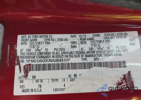 2013 Ford Escape Se z USA, uszkodzony, nr VIN 1FMCU0GX3DUB45337